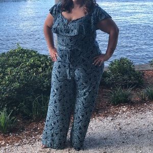 Blue Tropical Print jumpsuit- plus size